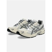 Asics Gel-1130 trainers in cream and clay grey, featuring mesh panels and signature side stripes, size 7.
