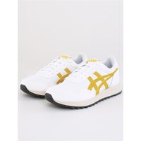 White Asics Tiger Runner II sneakers with hornet yellow stripes, black sole, and lace-up design, size 8.