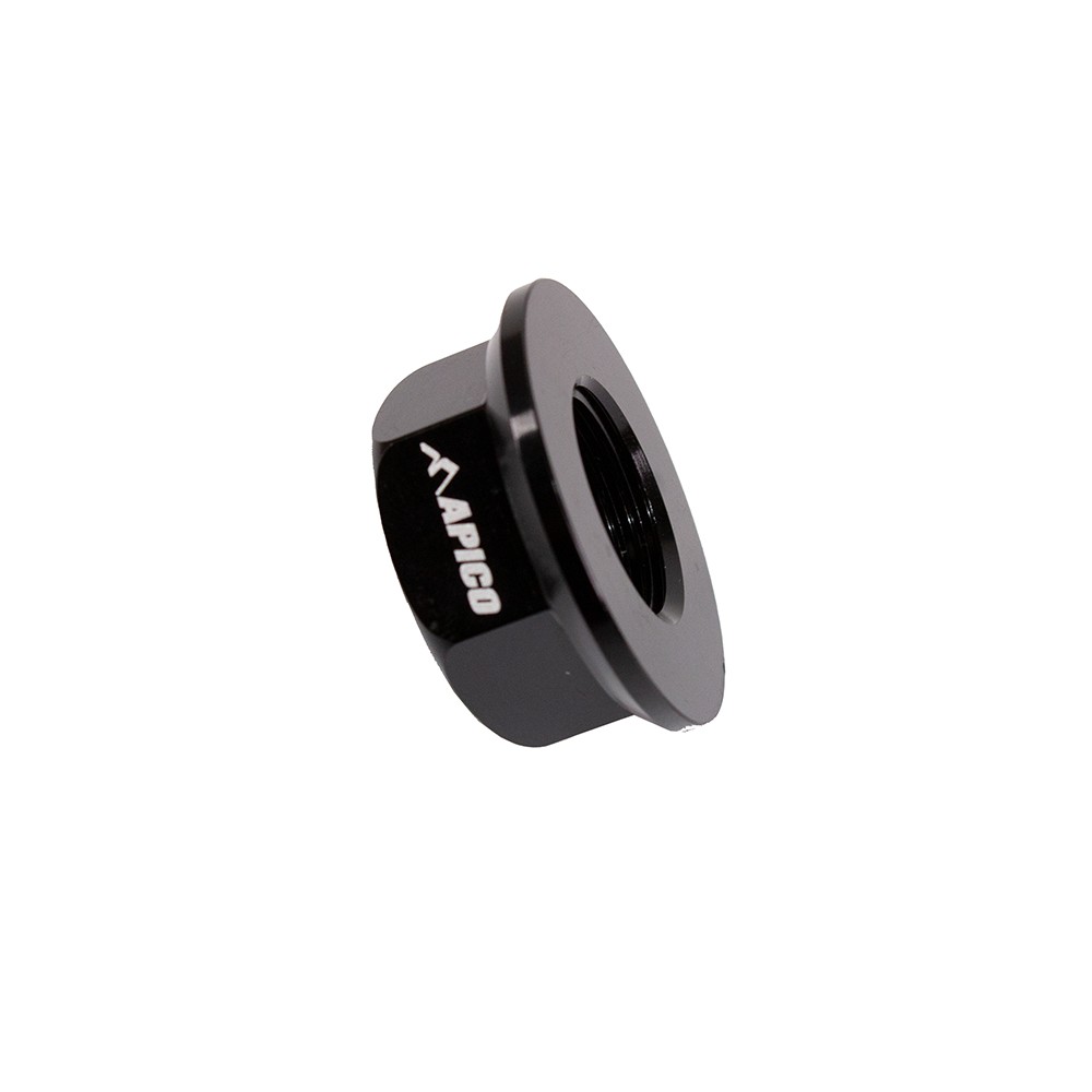 Black aluminum rear wheel axle nut with a smooth finish and engraved "APICO" logo, designed for Montesa models 4RT, 315R, 300 RR, 301RR, and 4-Ride from 1997 to 2022.