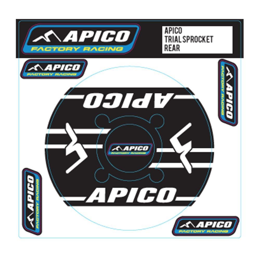 Black circular sticker featuring the "APICO" logo in blue and white, designed for a rear sprocket, with additional branding and graphics around the edges.