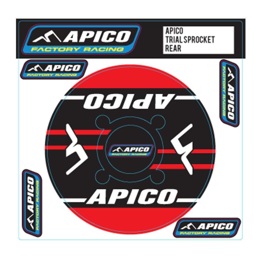 Red circular sticker featuring "APICO" branding, with a black background, white accents, and a design suitable for a trials rear sprocket, labeled 41T-42T.