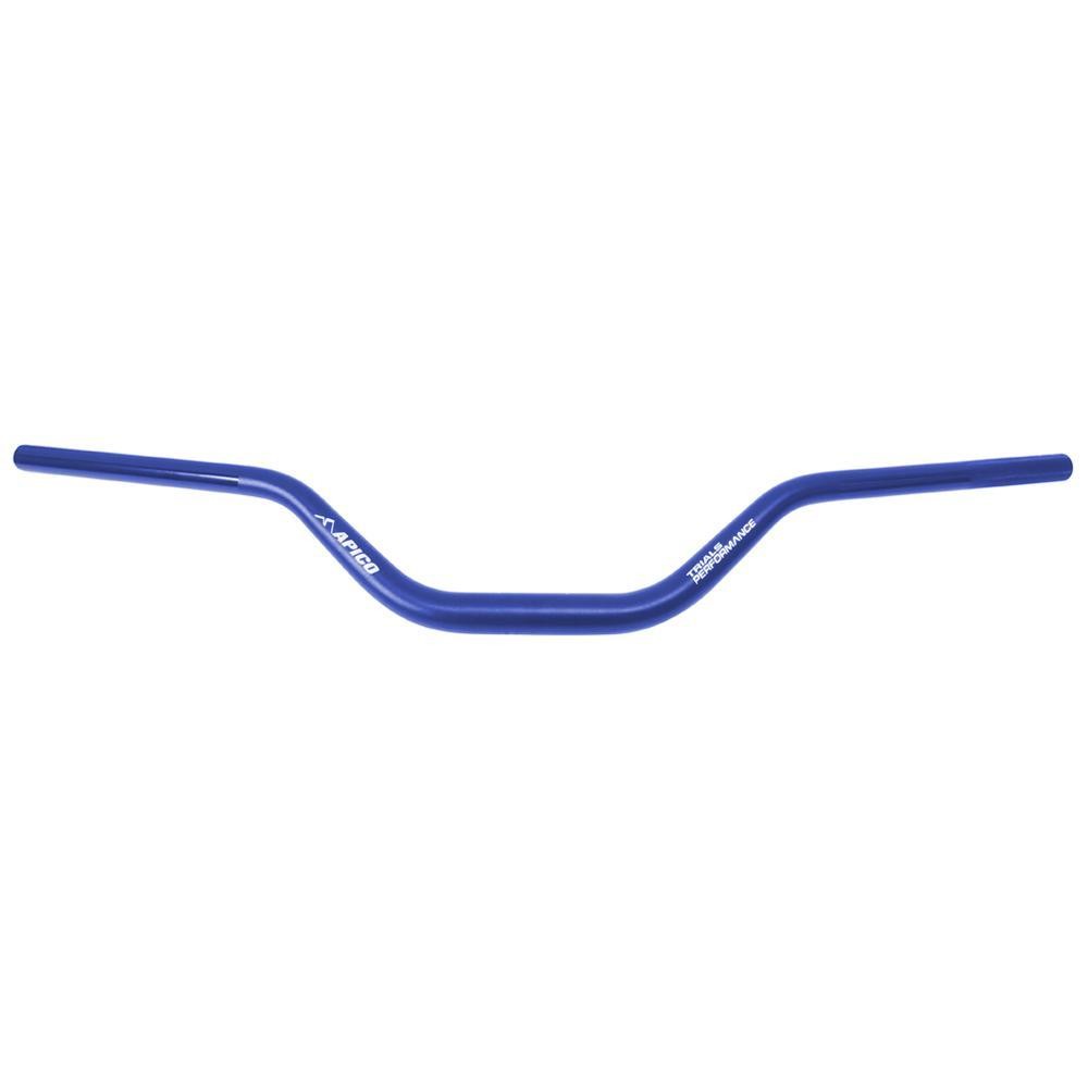 Blue oversized handlebar with a 28.6mm diameter, featuring a sleek design and the Apico logo, ideal for trials performance.