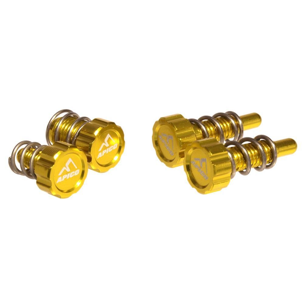 Gold anodized aluminum adjusters with spring components, featuring the Apico logo, designed for AJP and Braktec brake and clutch master cylinders.