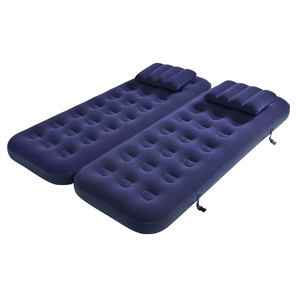 Navy blue inflatable air mattress featuring a flocked surface, two integrated pillows, and a textured design with raised air pockets for comfort.