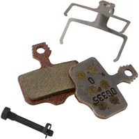 Avid Elixir organic disc brake pads with aluminum back plate, metal clip, and black mounting bolt.