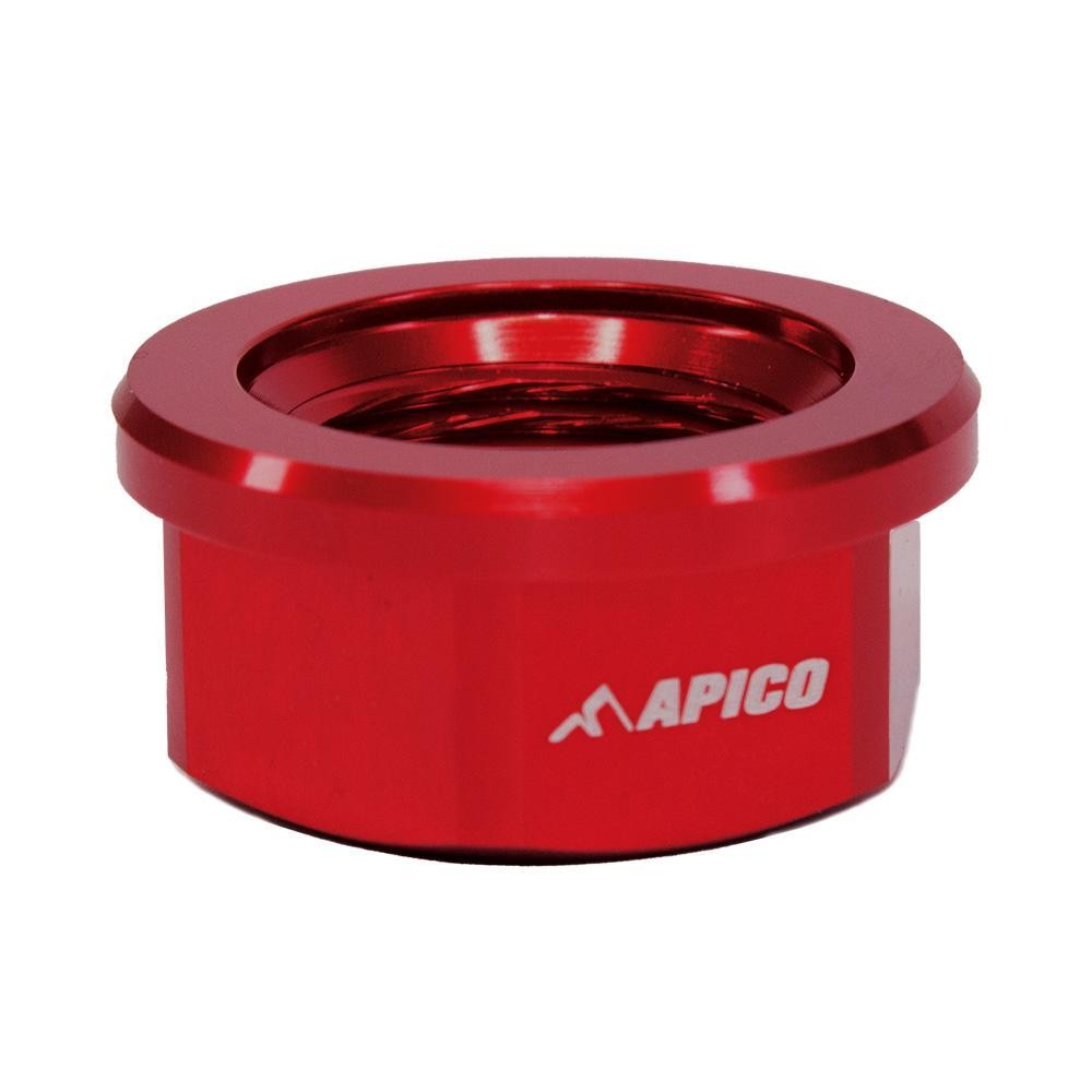 Red aluminum axle nut with a smooth finish, featuring a threaded interior and the "APICO" logo engraved on the side, designed for specific KTM, Husqvarna, and Gas Gas models.