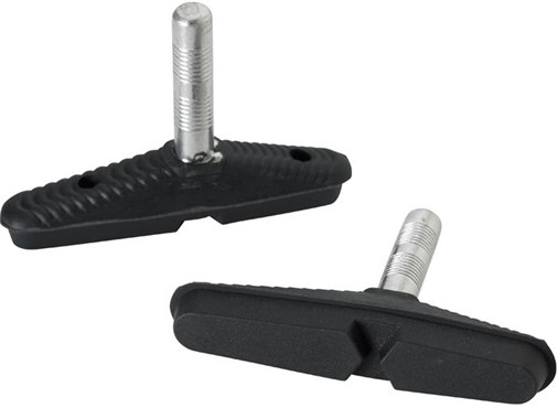 Black cantilever brake blocks with a textured surface and a silver metal mounting bolt, designed for effective braking performance.