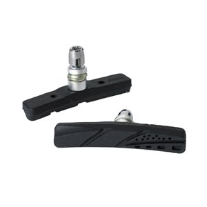 Black Aztec V-type one piece brake blocks with a sleek design, featuring a textured surface and ventilation holes, mounted on a silver metal fitting.