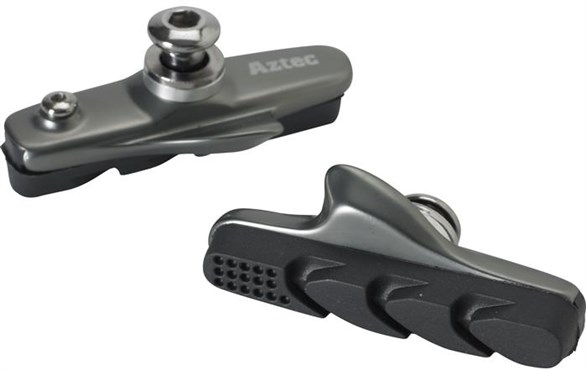 Silver brake blocks with a sleek design, featuring a textured rubber surface for grip, and a central mounting bolt for easy installation, branded with "Aztec."
