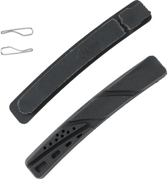 Charcoal-colored Aztec V-Brake insert replacement blocks made of rubber, featuring a textured surface and grooves for improved braking, accompanied by two metal clips.