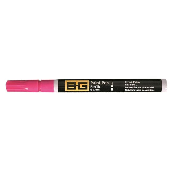 B-G Racing Fine Tip Tyre Paint Marker Pen in vibrant pink, featuring a fine tip for precise application, with a black barrel and clear labeling for easy identification.