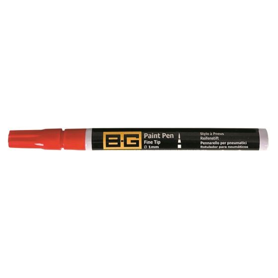 B-G Racing Fine Tip Tyre Paint Marker Pen in red, featuring a fine tip for precision, with a black barrel and yellow branding, ideal for marking tyres.