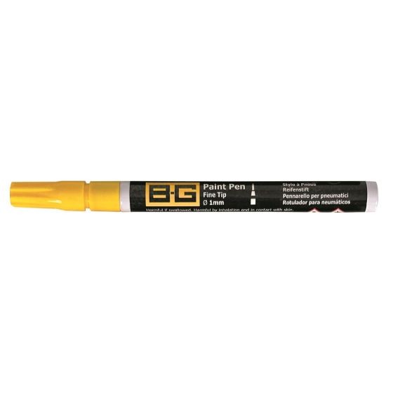 Yellow fine tip paint marker pen by B-G Racing, featuring a 0.1mm tip for precise application, ideal for tyre marking and detailing.