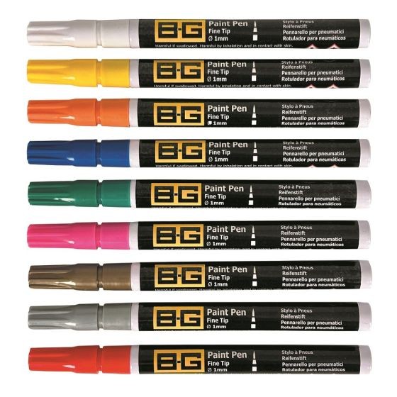 Nine B-G Racing fine tip tyre paint marker pens in various colors: blue, gold, green, red, orange, pink, brown, black, and silver, each with a 1mm tip for precise application.