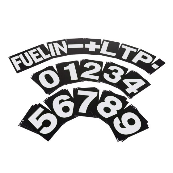 Large pit board number sets featuring bold white numbers and letters on a black background, designed for easy visibility in racing environments.