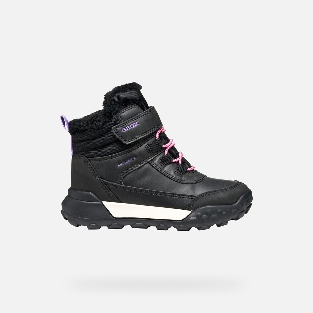 Black and lilac waterproof ankle boots with a fuzzy lining, featuring pink laces and a Velcro strap, designed for children, size 24 by Geox.
