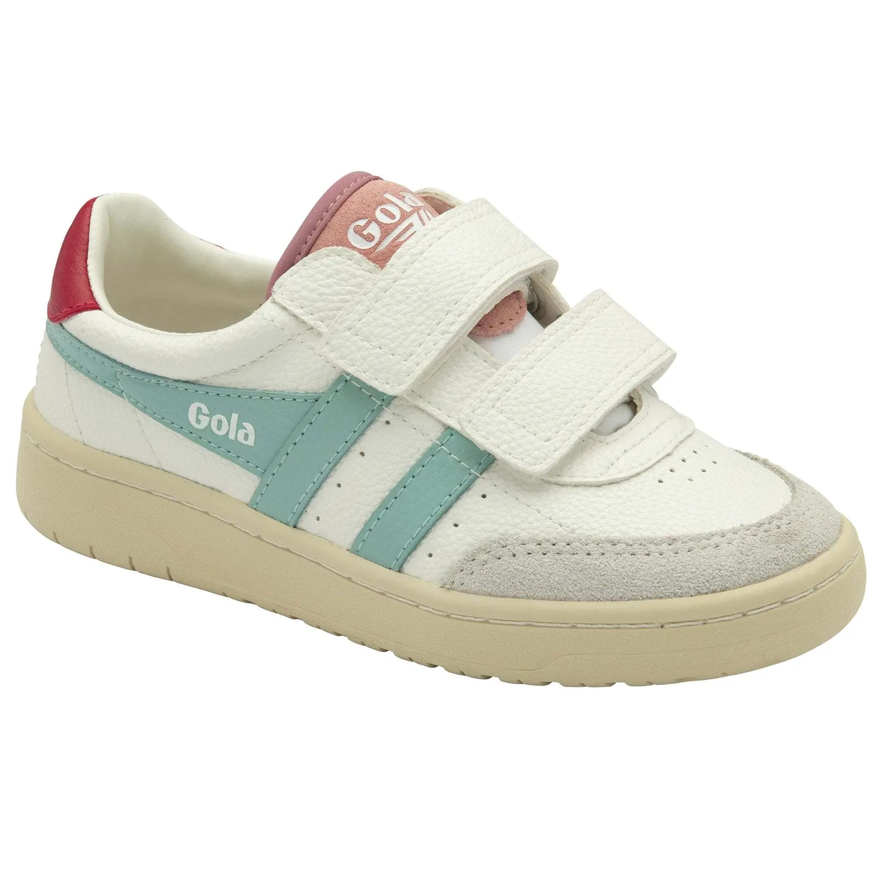 White leather children's basketball shoes with teal and pink accents, featuring a double Velcro strap and a textured grey toe cap.