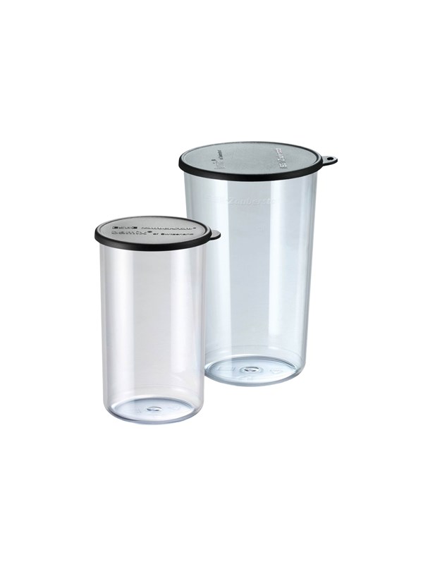 Two clear plastic beakers with black lids, one larger and one smaller, designed for kitchen organization by Bamix.