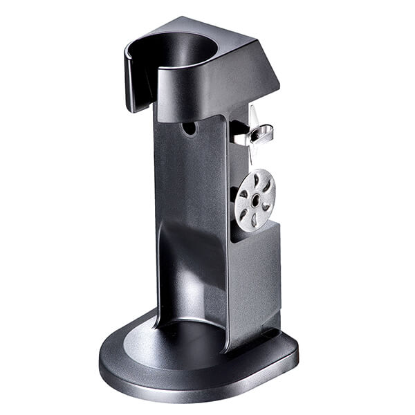 Black multipurpose stand made of durable plastic, featuring a sleek design with a circular base and a holder for kitchen accessories, ideal for Bamix appliances.