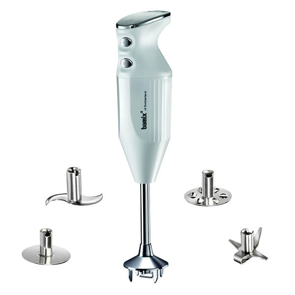 Bamix Maxx White 350W hand blender in white plastic with stainless steel attachments, featuring two speed buttons and four interchangeable blades for versatile blending.