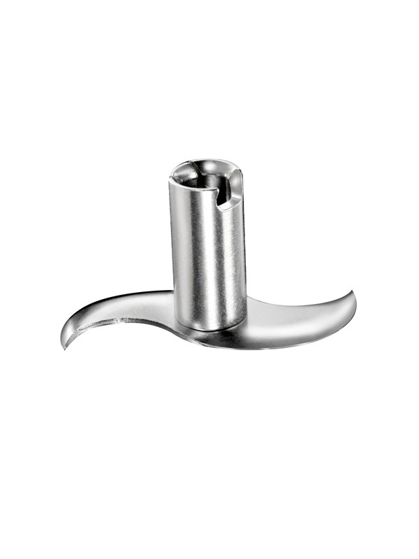 Stainless steel mincing blade for Bamix immersion blender, featuring a curved cutting edge and a central attachment point, finished in a sleek silver color.