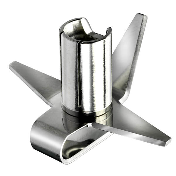 Multi-purpose stainless steel chopper blade for Bamix hand mixer, featuring a sleek silver finish and a star-shaped design with two curved cutting edges.