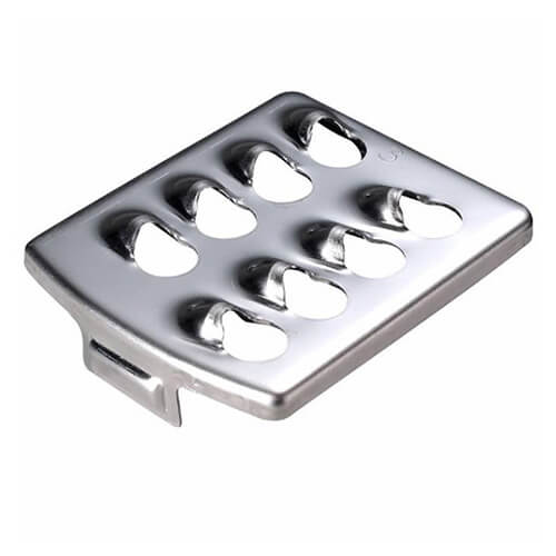 Coarse grater attachment for Bamix, made of shiny stainless steel with eight oval holes for grating, featuring a flat base and a side clip for easy attachment.