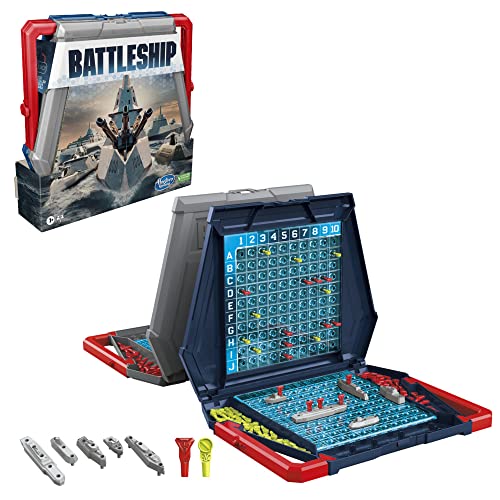 Hasbro Battleship game set features a blue and red foldable board, pegs, ships, and a cover with a battleship graphic, designed for strategic gameplay.