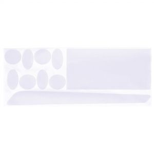 Clear adhesive frame protectors in various shapes and sizes, designed to shield bike frames from scratches, featuring a glossy finish and durable plastic material.
