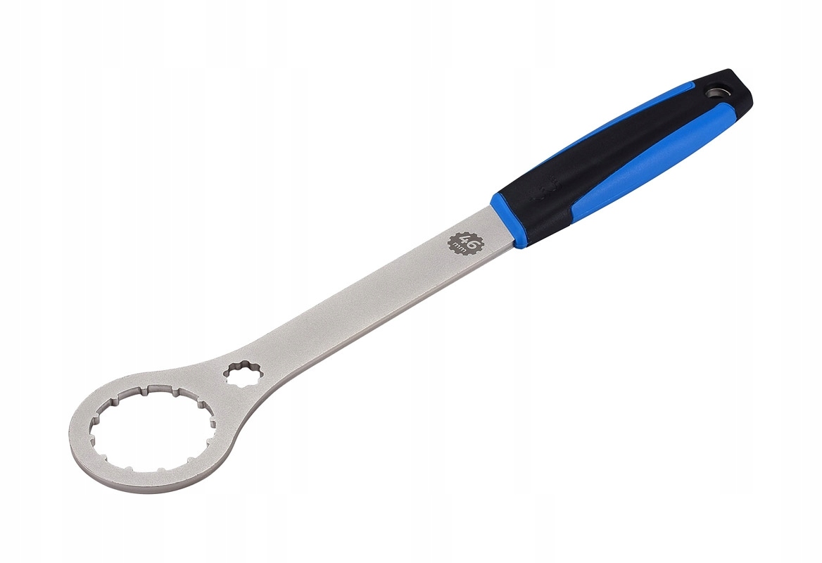 Silver metal bottom bracket tool with a circular opening and a textured black and blue rubber handle for grip.