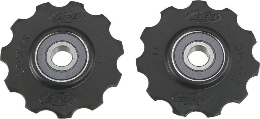 Black ceramic jockey wheels with an 11-tooth design, featuring a silver bearing in the center and engraved "LOWER" and "UPPER" labels on the sides.