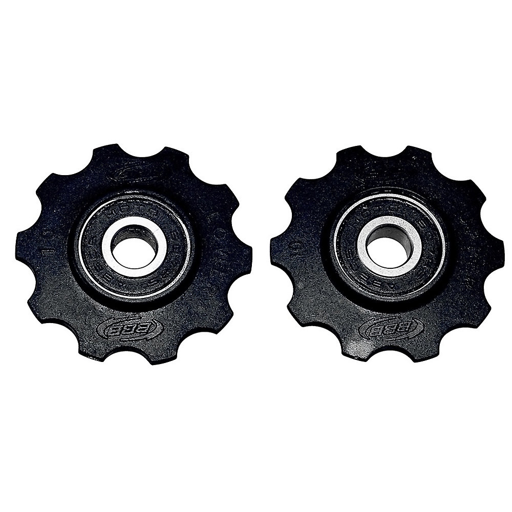 Black pulley wheel set featuring two 10-tooth wheels with a durable plastic construction and a central bearing for smooth performance, marked with the BBB logo.