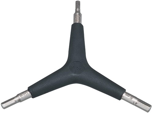Triangular black plastic handle with three silver hex key ends, featuring different sizes for versatile use, branded with "BBB" on the handle.