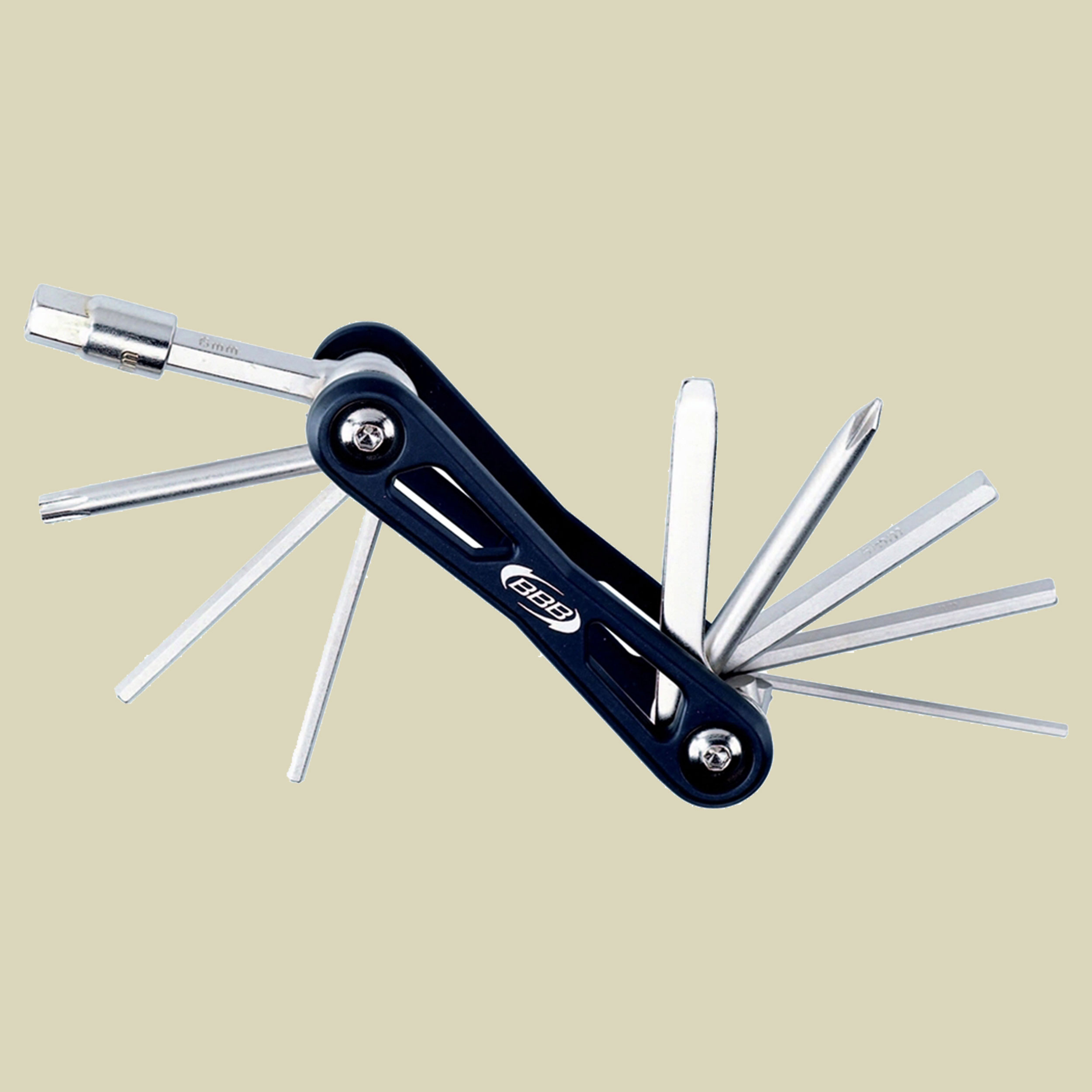 BBB Cycling TurnTable 11 multi-tool in navy blue aluminum with multiple stainless steel tools including hex wrenches and a screwdriver, designed for bicycle maintenance.