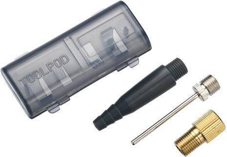 BBB Cycling Bike Valve Kit includes a transparent gray case and three adapters: a black plastic nozzle, a metal threaded adapter, and a brass valve, designed for bicycle tire accessories.