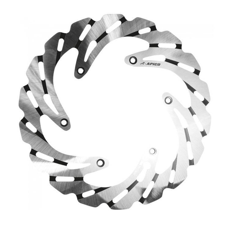 Silver stainless steel rear disc brake with a wave design and multiple cutouts, featuring the Apico logo, compatible with KTM SX65, Husqvarna TC65, and Gas Gas MC65 models from 2023-2025.
