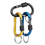 Black, yellow, and blue BEEWAY aluminum D-ring carabiners with locking mechanisms and key rings attached.