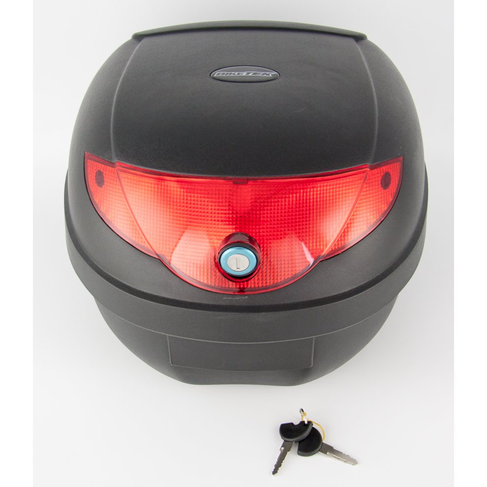 Black 24L BikeTek motorcycle scooter top box with a glossy finish, red reflective tail light, key lock, and two keys included.