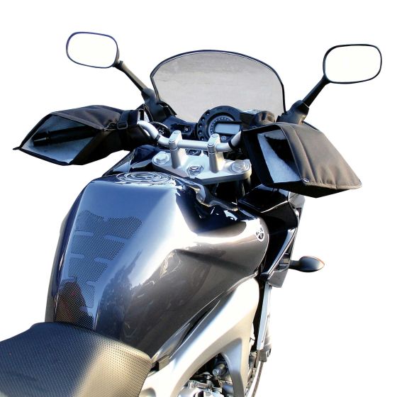 Black universal motorcycle handlebar muffs with a durable exterior, designed to keep hands warm, attached to a sleek motorcycle with a glossy finish and visible mirrors.