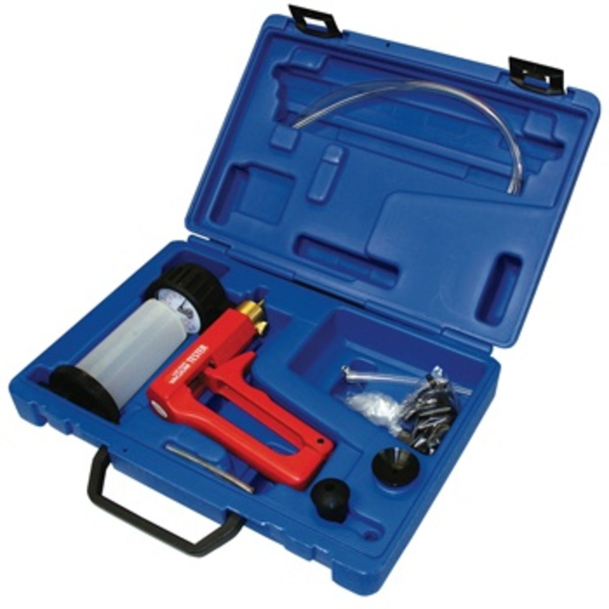 Red vacuum brake bleeder gun with a clear reservoir, hoses, and various attachments, all housed in a blue plastic case with compartments.
