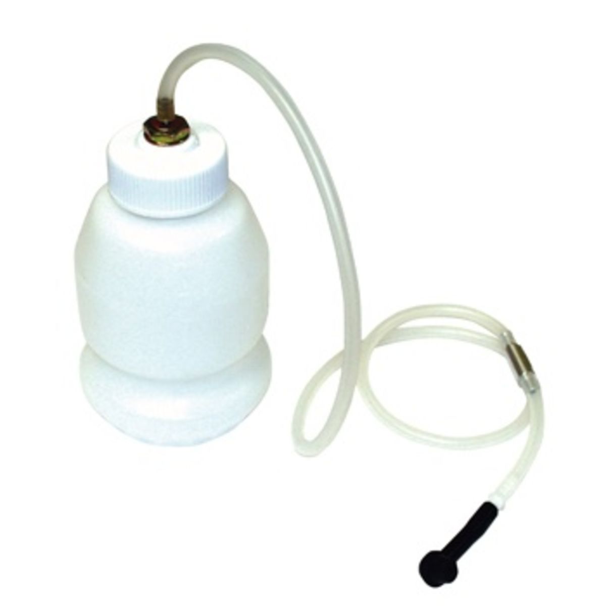 White plastic brake bleeding kit featuring a fluid receiver, clear tubing, and a nipple adaptor for efficient brake maintenance.