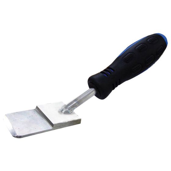 A silver metal pry tool with a flat blade and a black rubberized handle featuring blue accents, designed for adjusting bike brake calipers.
