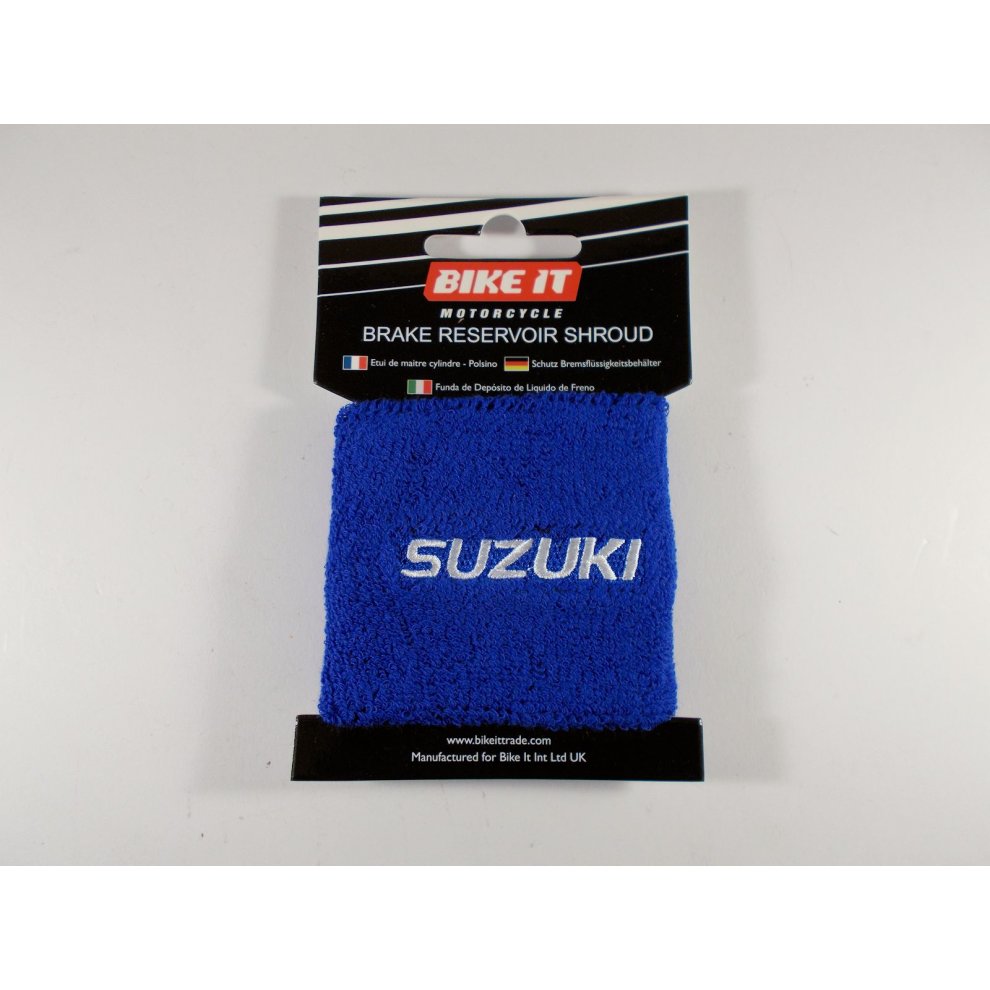 Bright blue, soft fabric brake cylinder reservoir protective shroud cover with "SUZUKI" logo, packaged with a black and red Bike-It branded header card.