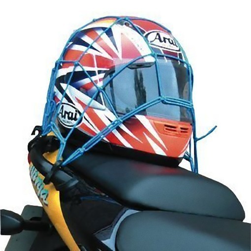 Black luggage cargo net made of elastic material, featuring multiple attachment points, designed to secure items on a motorcycle or bike.