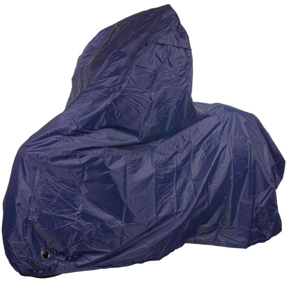 Blue heavy-duty rain cover for a scooter, featuring a hooded design and durable material, designed to protect against wind and rain.
