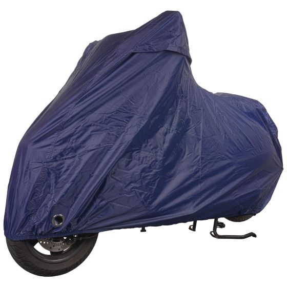 Navy blue heavy-duty rain cover for scooters, made of waterproof material, featuring a fitted design that protects the scooter from rain and harsh weather conditions.