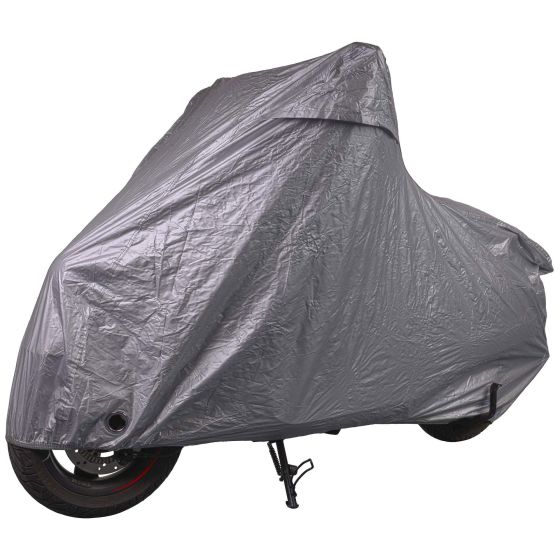 Gray, waterproof rain cover designed for medium-sized scooters, featuring a fitted shape and a secure fit with an elastic hem for protection against weather elements.