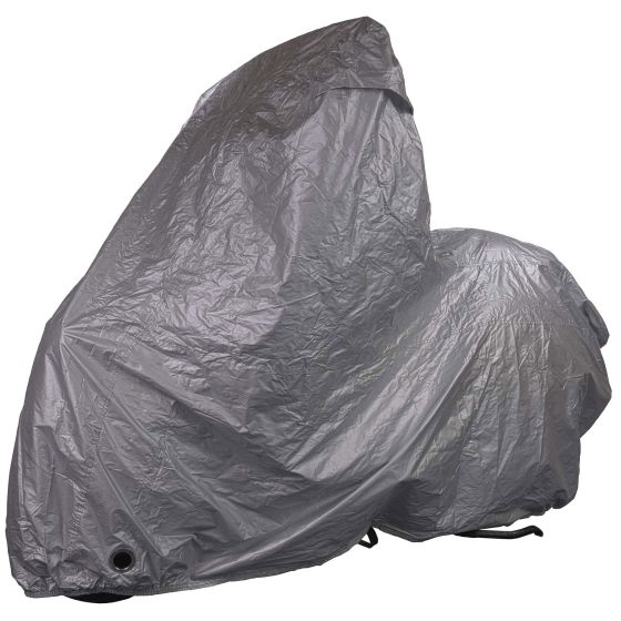 Silver waterproof rain cover designed for medium-sized scooters with tall screens, featuring a durable material and a fitted shape for optimal protection against the elements.