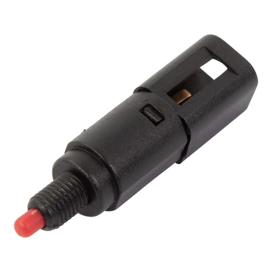 Black plastic universal stop switch with a red button, featuring a rectangular cutout and a threaded end for easy installation, designed in the style of Piaggio motorcycles.