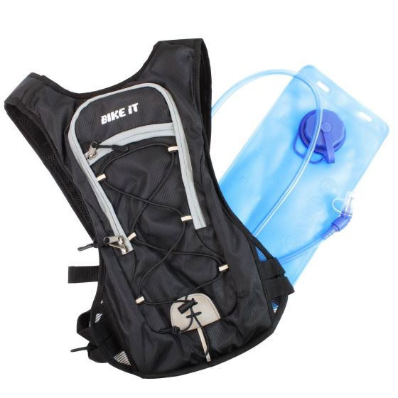 Black mesh hydration backpack featuring reflective accents, adjustable straps, and a 2L blue water bladder with a bite valve and tube.